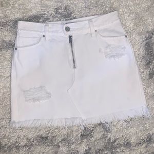 High waisted white distressed mini skirt